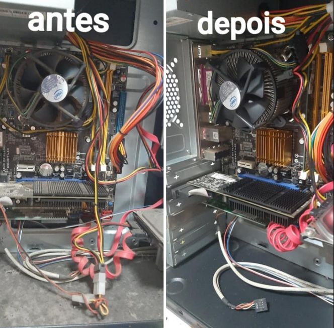 Antes e depois da limpeza interna de um computador desktop, com organização dos cabos