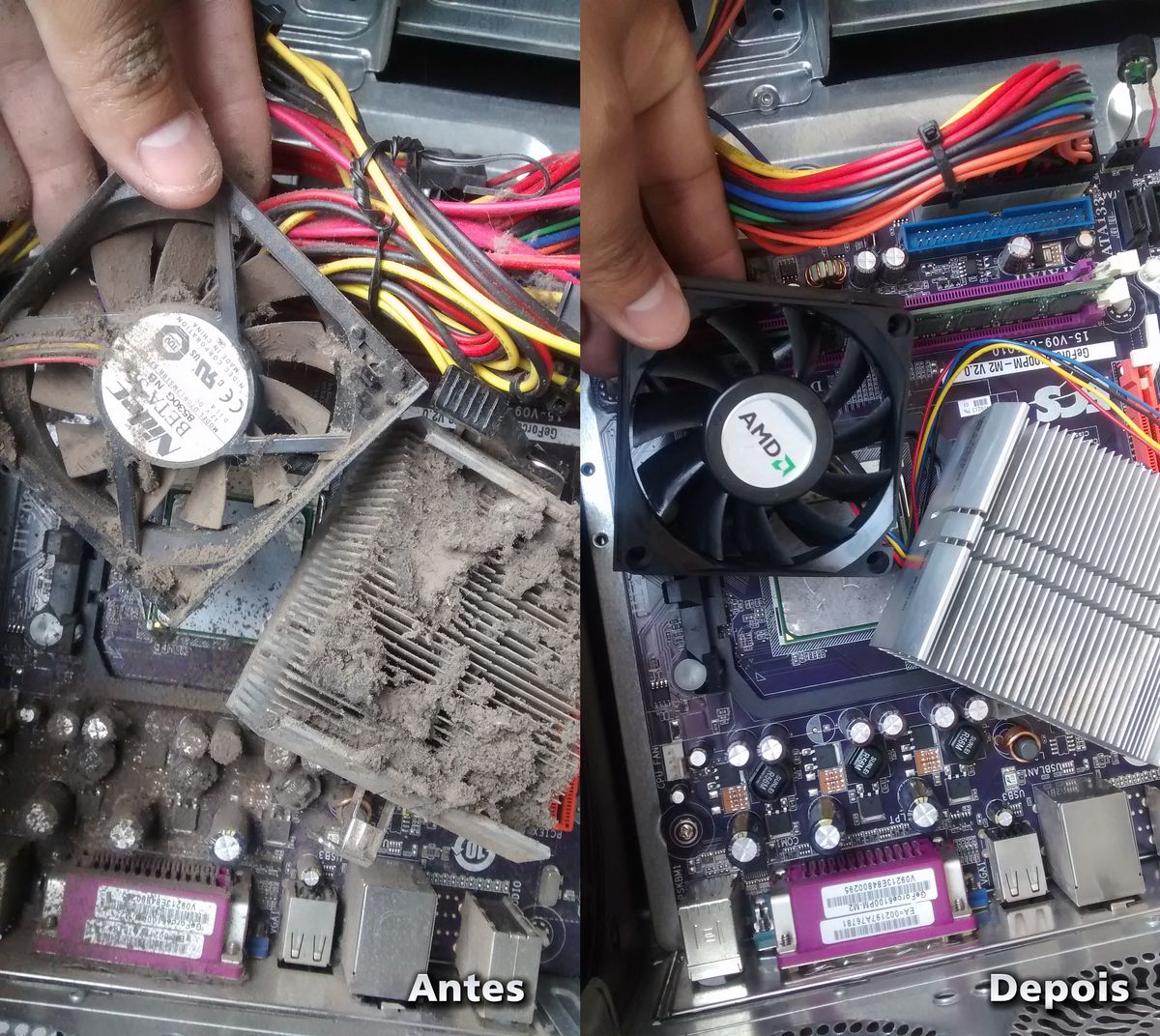 Antes e depois da limpeza do cooler e do dissipador de um desktop cheio de poeira