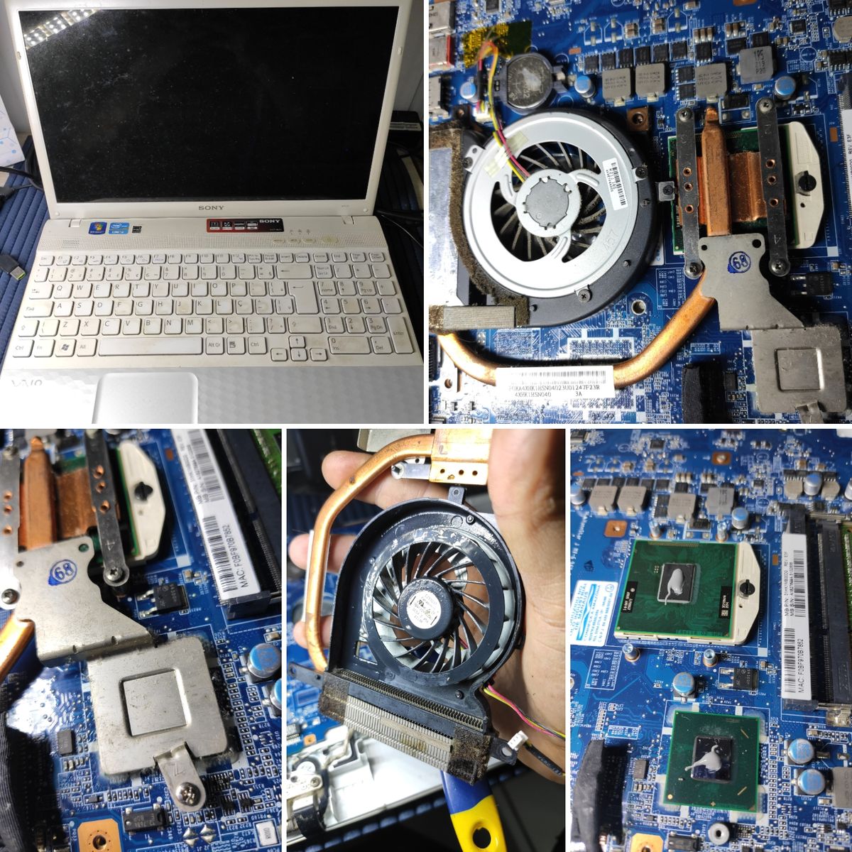Notebook Sony Vaio desmontado com o sistema de refrigeração, cooler e processador em manutenção