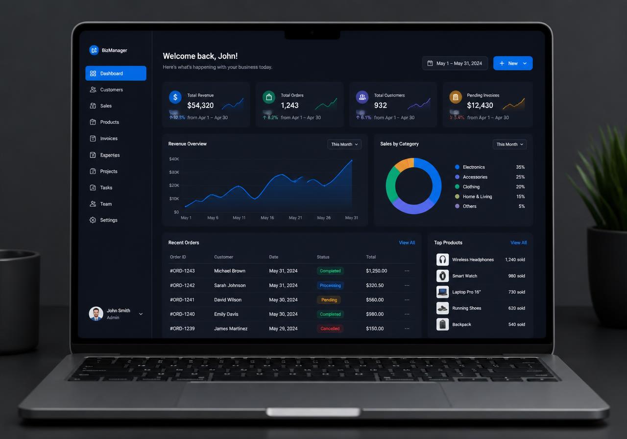 Interface do sistema de gestão AlexOS exibida em um notebook