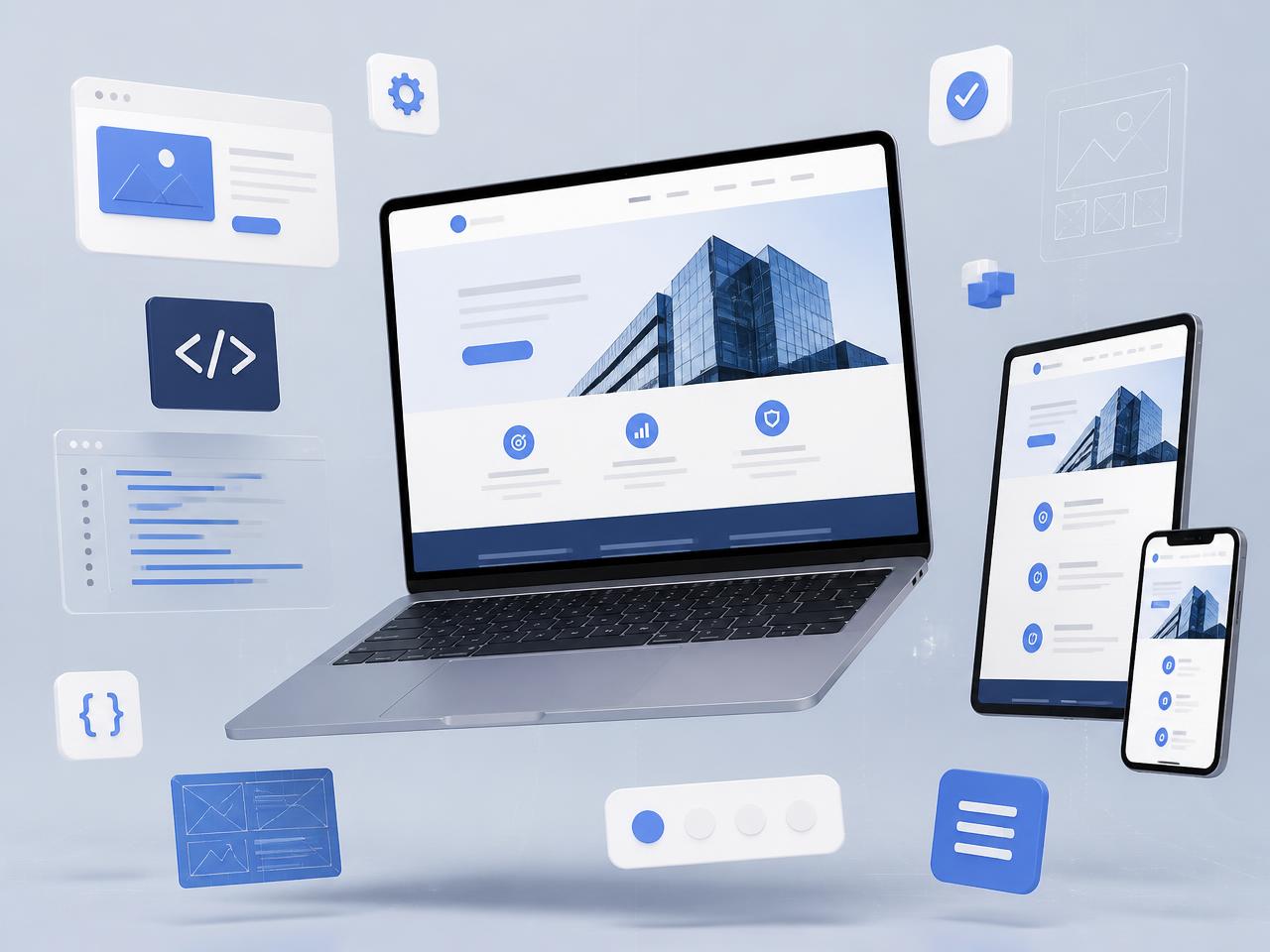 Site profissional exibido em notebook, tablet e celular, representando a criação de sites responsivos