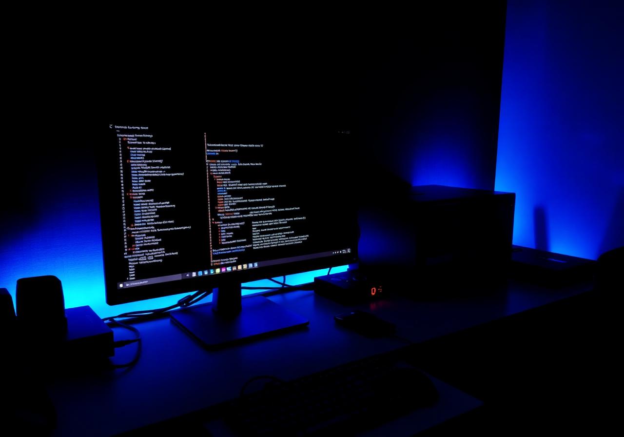 Laboratório de tecnologia com terminal Linux, servidor e iluminação azul