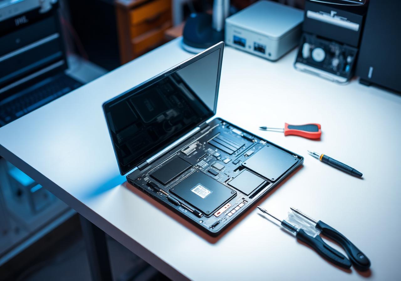 Notebook aberto sobre bancada de manutenção com SSD, memória e ferramentas