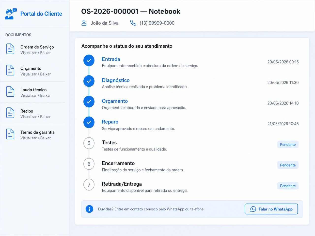 Demonstração do Portal do Cliente da Alex Informática com o status do atendimento e os documentos da ordem de serviço