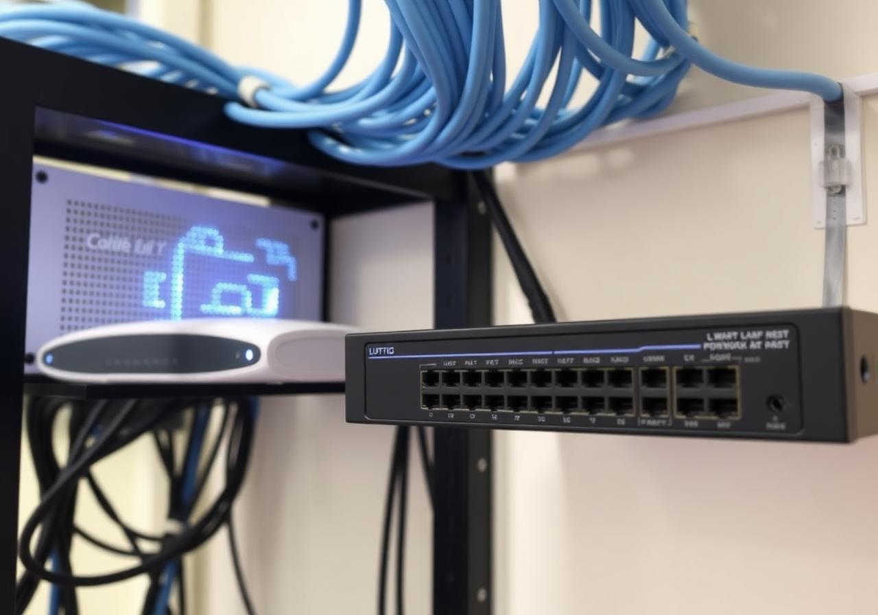 Rack de rede com patch panel, switch e cabeamento estruturado