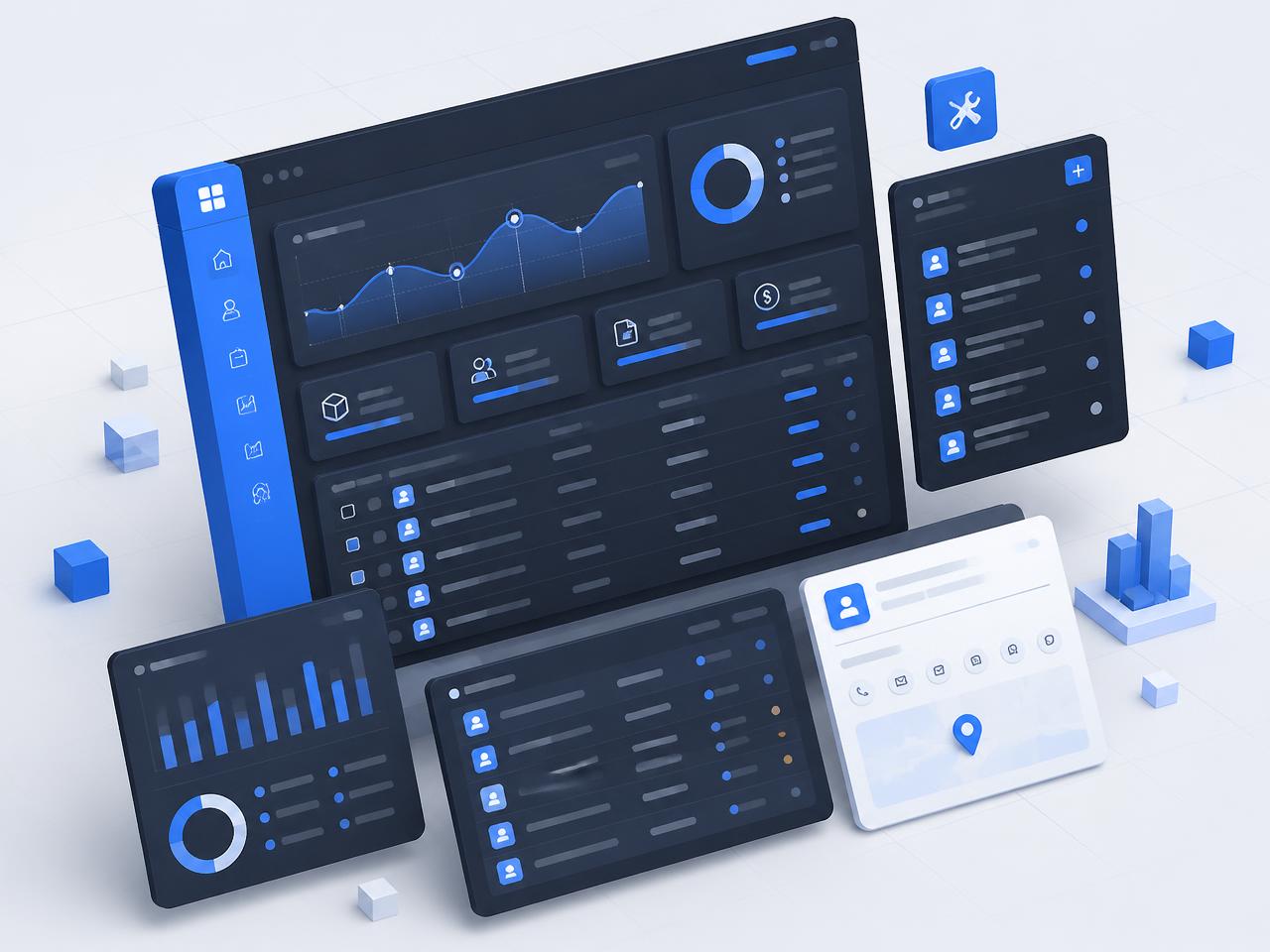 Painéis de um sistema web com gráficos, cadastros e ordens de serviço